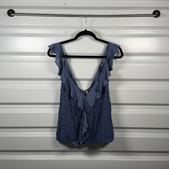 Free People Tops - Free People Womens Blue Eyelet Ruffle V-Neck Sleeveless Tank Top Size L OB502844